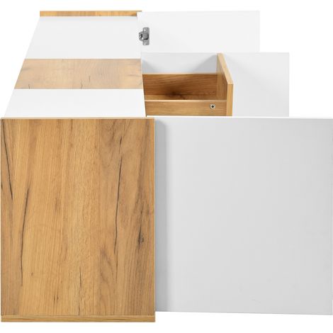Armoire de télévision, avec un panneau bas en couleur blanche et bois. Des meubles de télévision qui peuvent être suspendus au mur ou placés sur le sol. (1/5)