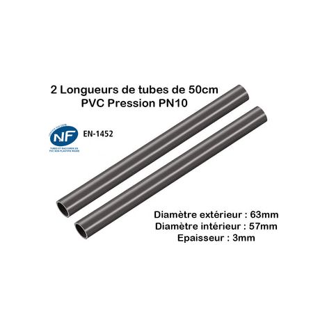 Lot de 2 Barres Tuyau Rigide Tube PVC Pression PN10 63mm : Longueur 50cm / Piscine et bassins