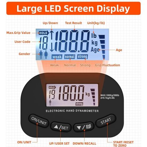 Entraîneur de force de préhension de 180 kg, dynamomètre électronique rechargeable, testeur de force de préhension numérique avec écran LCD, dynamomètre réglable pour la force (1/3)
