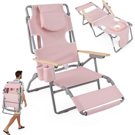 COSTWAY Sedia da Spiaggia Pieghevole 3 in 1, con Foro per il Viso, Poggiapiedi, Schienale Regolabile, Cuscino, Poltrona Prendisole per Spiaggia, Campeggio, Bordo, Piscina, Portata 150 kg (Rosa)