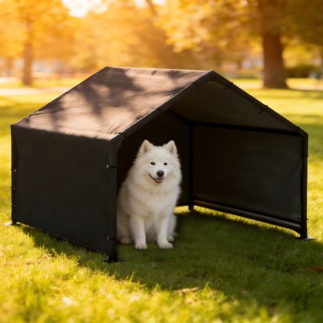 Caseta/perrera con techo resistente al agua y a los rayos UV, para perros de hasta 30 kg, 125 x 110 x 93 cm, negra. (1/5)