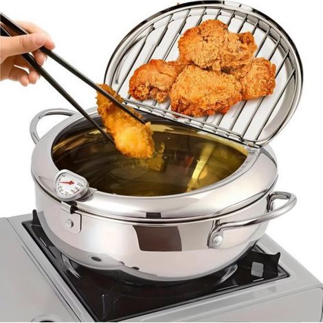 Friteuse en acier inoxydable avec thermomètre - Capacité de 3,2 L pour une friture parfaite - Comprend un égouttoir et un couvercle - Convient pour les tempuras et les beignets. (1/5)