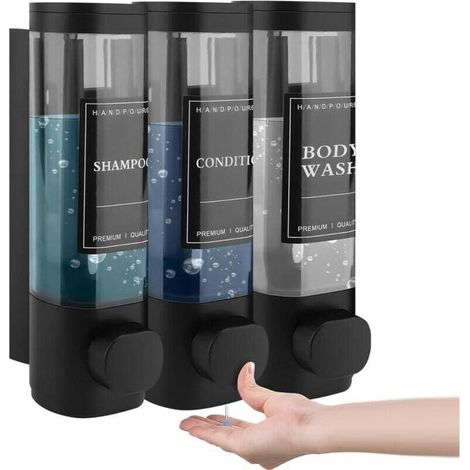 Set di 3 dispenser di sapone da parete, 300 ml, non richiedono foratura, per lavabo, bagno, gel doccia, shampoo, lozione per cucina e bagno, nero - Crezuo (1/4)