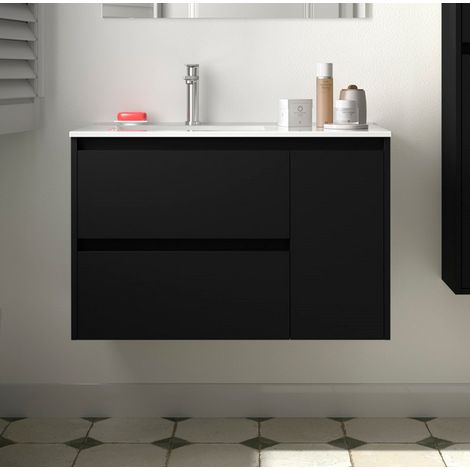 Meuble sous-plan Noja 850 2 tiroirs 1 porte droite + lavabo Black Satin (1/4)