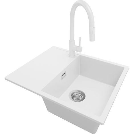 PRIMAGRAN Evier Cuisine en Granit 62x50cm, Lavabo 1 bac + Robinet 40x20cm + Kit de Vidage, Évier à Encastrer au meuble 45cm - Ibiza, Blanc (1/5)