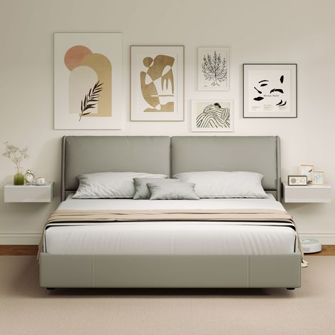 Juego de 2 mesitas de noche de pared con cajón, para dormitorio, de aglomerado, blancas. (1/5)