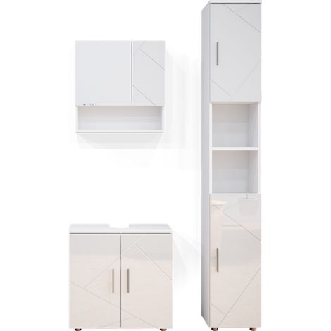 Badmöbel-Set Irma, Weiß Hochglanz, 3 Teile, mit Hochschrank, Vicco