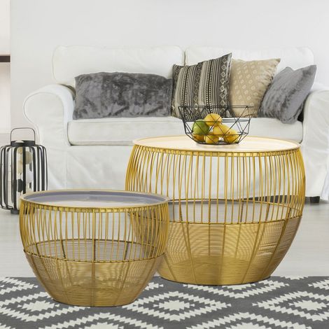 Lot de 2 Tables d'Appoint Rondes Tables Basses Métal Doré et Plateau Émail Ø 49/41 cm - PANGIVO (1/5)