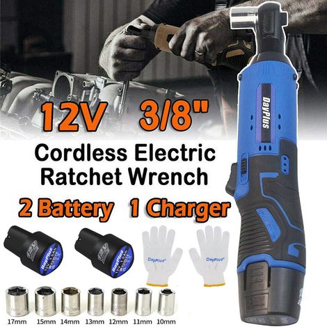 3/8” Electric Cordless Ratchet Wrench Set w/2pcs Rechargeable Batteries and Charger, 40Nm Cordless Ratchet Wrench 90° Angle Wrench with LED Work Light, 7 Sockets Set (1/5)