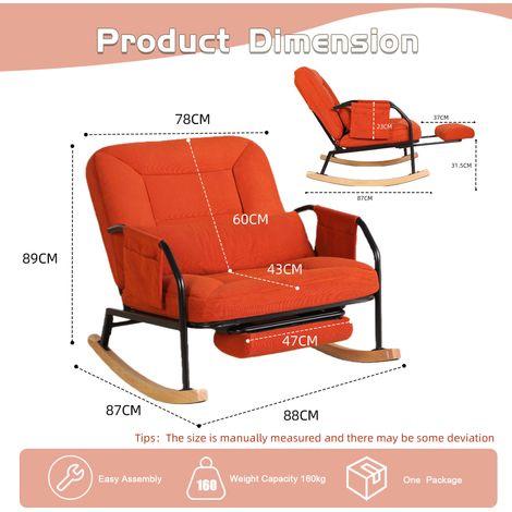 Fauteuil à bascule surdimensionné pour patio avec repose-pieds, coussin rembourré, dossier réglable, style ferme en bois métallisé, intérieur/extérieur, salon, chambre, balcon, véranda, velours côtelé (1/5)