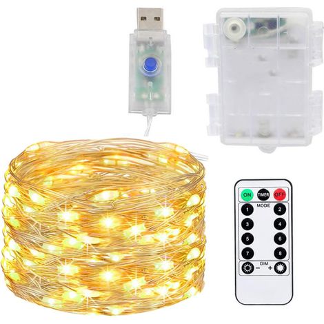 1 guirlande lumineuse LED en fil de cuivre, 5 m, 50 LED, lumière chaude, USB, 8 modes, minuterie 6 h (1/5)