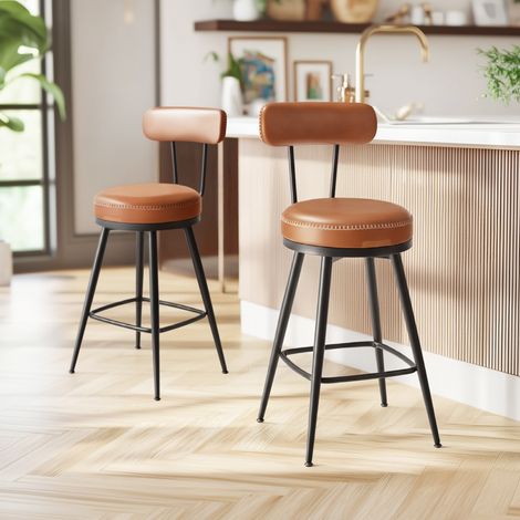 Lot de 2 Chaises de Bar, Tabourets Rembourrés en PU, Style Mi-siècle, pour Cuisine ou Bar, 65 cm, Marron (1/5)