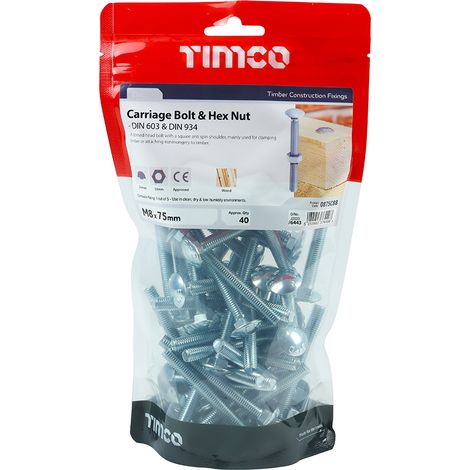 TIMCO Carriage Bolts DIN603 & Hex Full Nut DIN934 Silver - M8 x 75