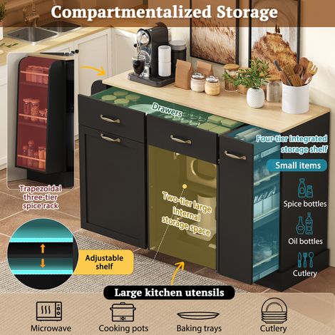 Meuble de cuisine moderne, doté de divers tiroirs. Meuble de rangement pour les déchets. Etagere extérieure pour les épices, idéale pour le salon, la salle à manger et la cuisine. Couleur noire. (1/5)