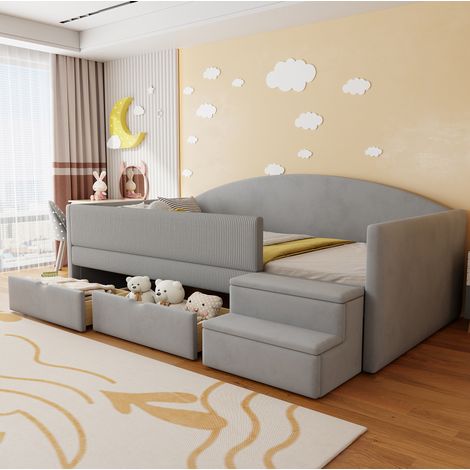 Lit avec tiroirs 90x190 velours gris avec marches HAVRYA (1/5)
