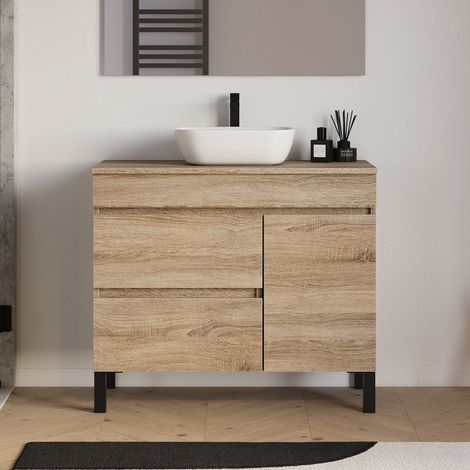 Meuble de salle de bain 90cm avec plateau et vasque à poser arrondie - porte et tiroirs - sans miroir - cambrian (chêne clair) - LAZARO (1/5)
