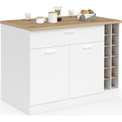 Ilot central GEORGE 120 cm avec range-bouteilles placard et tiroir bois blanc avec plan de travail façon hêtre (1/5)