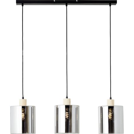 Brilliant Weald Pendelleuchte 3flg schwarz/rauch/holz Metall/Glas/Holz 3x A60, E27, 40 W, Geeignet für Normallampe (nicht enthalten)