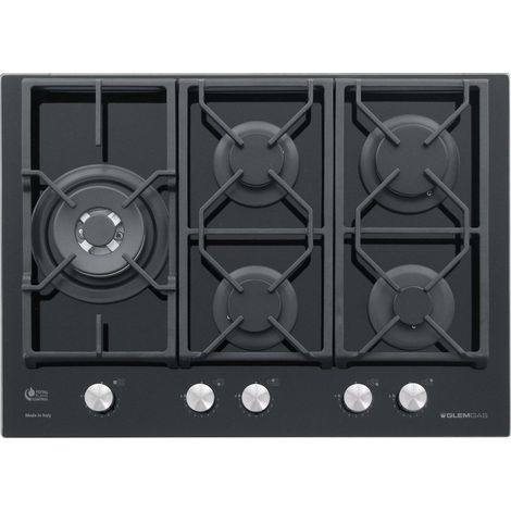 Glem Gas GV75TXBK. Colore del prodotto: Nero, Posizionamento dell'apparecchio: Da incasso, Dimensione della larghezza del piano cottura: 70 cm. Bruciatore piccolo: 1000 W, Bruciatore medio: 1400 W,... (1/5)