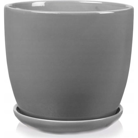 Vaso da fiori in ceramica con sottovaso, rotondo, classico, grigio, 13 cm (1/2)