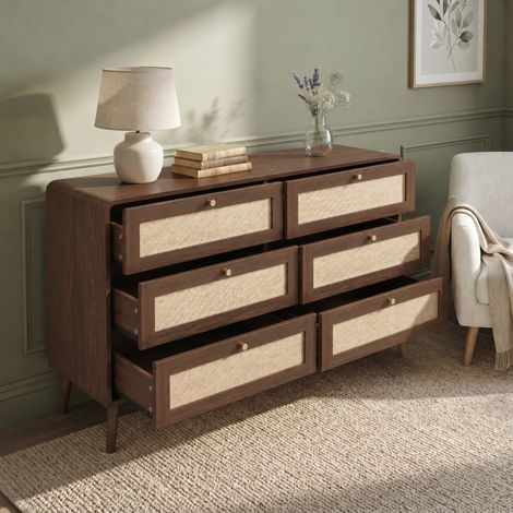 Cassettiera 6 cassetti 120 x 40 x 80 cm in MDF e PE effetto rattan, noce, OKWISH (1/5)