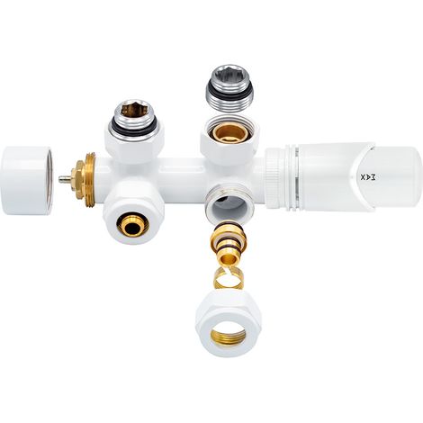 Anschlussgarnitur Mittelanschluss Heizkörper Thermostat Multiblock Eck Weiß NEU Anschlussgarnitur Mittelanschluss Heizkörper Thermostat Multiblock Eck Weiß NEU (1/4)