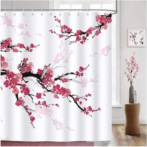 Rideau de Douche Fleur de Cerisier Rouge Rideau de Bain Tissu Polyester Anti Moisissure Imperméable Lavable Rideaux Salle de Bain 180 x 180 cm avec 12 Crochets pour Baignoire (1/5)