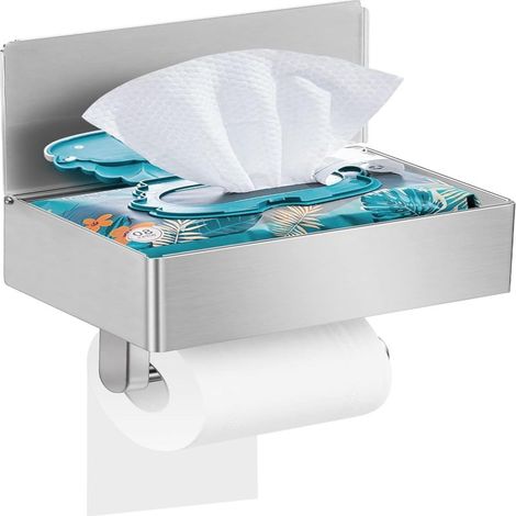 Porte-papier toilette mural en acier inoxydable sans perçage avec boîte de rangement pour lingettes et mouchoirs (argenté)
