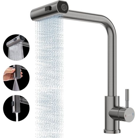 Stainless Steel Waterfall Kitchen Faucet, Pull Down Sink Faucet with 3 Mode Sprayer, Modern Single Hole Stainless Steel Kitchen Sink Faucet, 1 Handle & 360° Rotation (1/5)