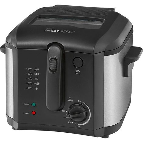 Friteuse électrique 2,5L 1600W – Cuve inox avec filtre à odeurs – Thermostat réglable 130-190°C – Couvercle escamotable avec fenêtre – Clatronic