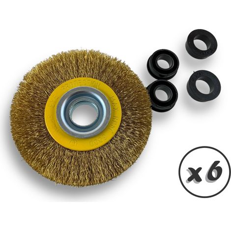 Lot de 6 brosses circulaires LAITON Ø 100 mm Epaisseur 2 rangs Fil souple 0.20 mm ondulé Alésage 16 mm Touret meuleuse affûteuse ponceuse Brossage décapage polissage Kibros 234102LVx6
