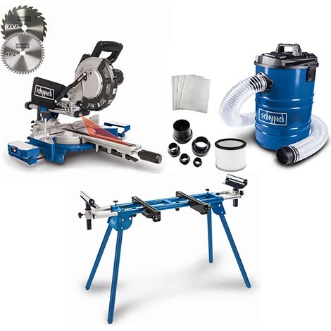 Scheppach Pack atelier bois : Scie à onglet radiale HM216 + Support universel UMF1600 + Aspirateur à copeaux DC100 - 2 lames Ø 210 mm - 24 & 48 dents + accessoires aspirateurs inclus (1/5)