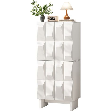 Meuble à Chaussures Buffet Haut Rangement 4 Portes Façade Losange Étagères Réglables Blanc 60,5x34x135,5 cm (1/5)