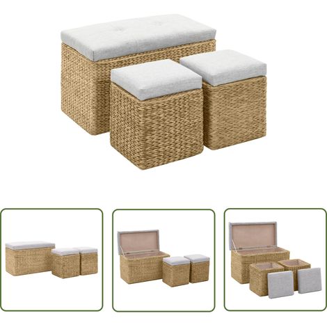 The Living Store Sitzbank mit 2 Ottomanen Seegras Grau - Seegrasbank - Wohnzimmer Dekoration - Sitzgruppe - Lounge Sofa - Outdoor Bank (1/5)