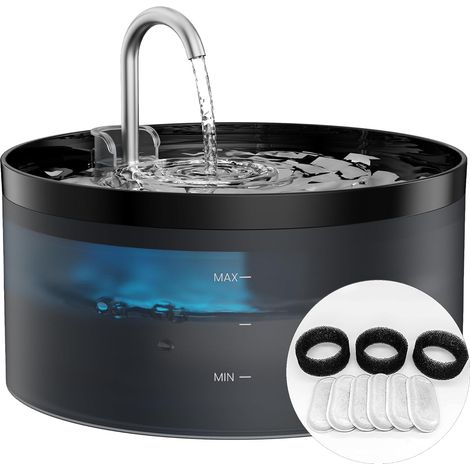 1 Fontaine à eau pour chat, 3,2 L, pompe silencieuse, filtration triple, 9 filtres inclus, LED intégrée