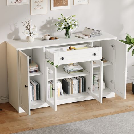 Weiße Anrichte 138 x 40 x 83 cm mit 4 Türen, 2 Glastüren und 1 Schublade OKMYHOME (1/5)