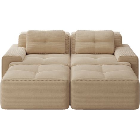 Sofa modulable 2 places en velours côtelé beige avec assise profonde et modules sans montage (1/5)