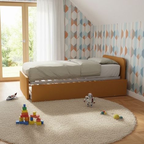 Letto singolo con letto estraibile, trasformabile in matrimoniale. Testate personalizzabili, reti in acciaio e doghe in faggio - Zolfo (1/5)