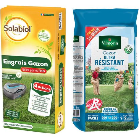 Lot d'un sac de Gazon ultra résistant 5kgs et d'un sac engrais gazon 10kgs