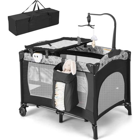 COSTWAY 4 in 1 Lettino Neonato da Viaggio, Culla da Campeggio Pieghevole con Materasso Fasciatoio Ruote, Box Bambini Portatile con Borsa, dalla Nascita fino a 15 kg, 102 x 72 x 74 cm (nero+grigio) (1/5)