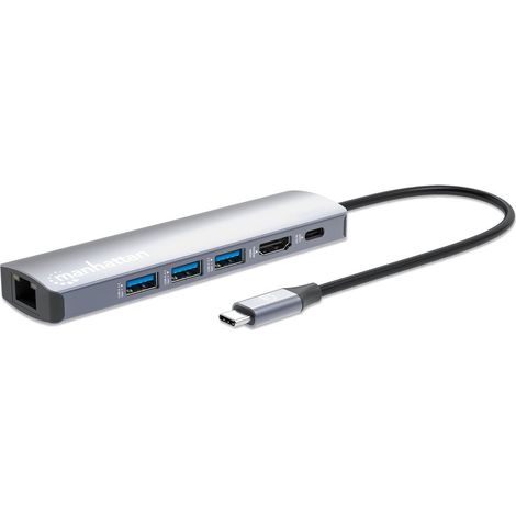 MANHATTAN USB-C PD 6-in-1 4K Dockingstation USB-C-Stecker auf 1xHDMI 4K60Hz 3xUSB-A 5 Gbit/s 1xUSB-C