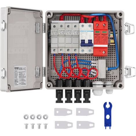 VEVOR Caja Combinadora Fotovoltaica, 4 Cuerdas, Caja Combinadora Solar con Fusible de Corriente Nominal de 10 A Conector Solar, Caja de Acero para Sistema de Panel Solar de Red de Encendido, Apagado