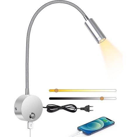 Liseuse murale, liseuse murale LED avec interrupteur tactile et port de charge USB, liseuse de chevet 3W rotative à 360°, 3000-6000K, argent [Classe C d'efficacité énergétique]. (1/5)