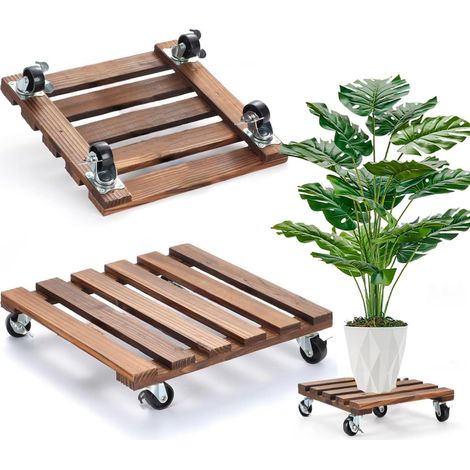 Lot de 2 supports pour plantes à 360° - Support pour pot de 30 cm avec roulettes verrouillables en bois - Support pour fleurs robuste (carré) (1/5)