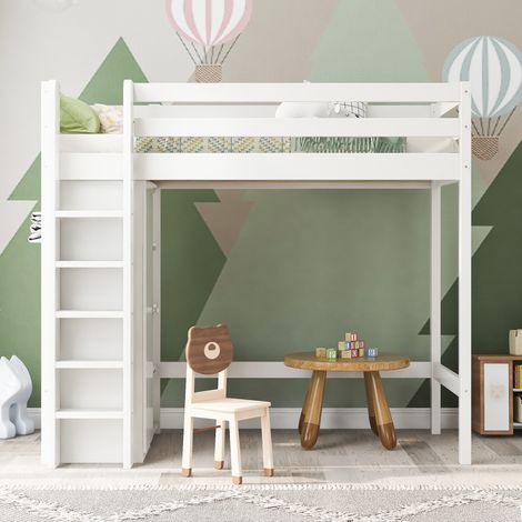 Lit mezzanine enfant 90x200 cm avec armoire et 6 étagères, blanc, structure robuste et facile à monter (sans matelas) (1/5)