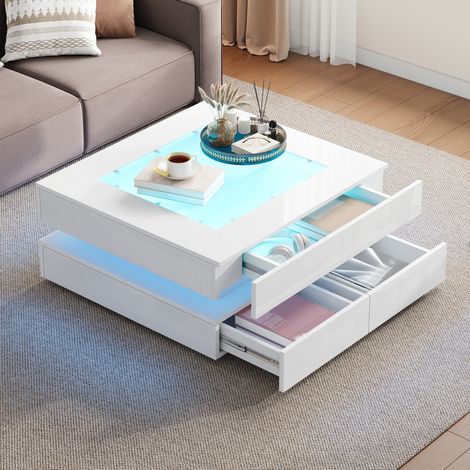 Couchtisch (70 x 70 x 35 cm), mit LED-Beleuchtung, 3 Schubladen, Sicherheitsglas, Weiß (1/5)