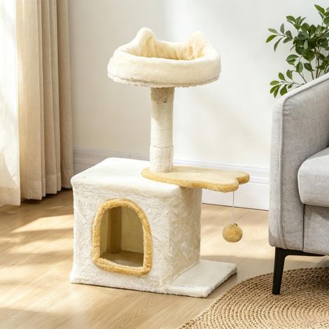 Arbre à chat 72 cm avec coussin, plateforme en forme de poisson, niche peluche, poteau sisal, balle (1/5)