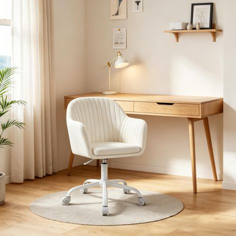 Chaise de bureau ergonomique à roulettes, hauteur réglable, velours crème blanc HAVRYA (1/5)