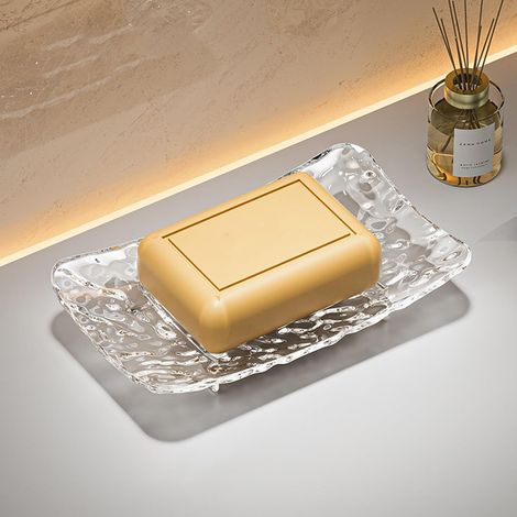 Récipient À Savon en Acrylique avec Texture De Glace, Porte-Savon Premium avec Système De Drainage Efficace Pieds Élevés De 1,4 Cm Plateau À Savon Stable Et Antidérapant(Clear,Large)