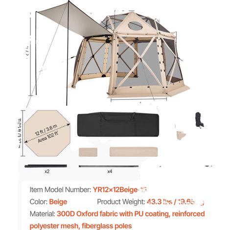 Carpa mosquitera de gran capacidad con toldo impermeable, 3,6 x 3,6 metros, color beige. (1/2)